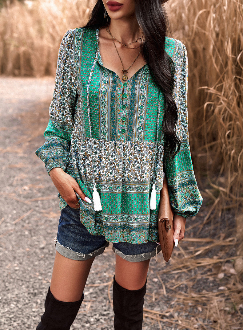 Green Casual Floral V Neck Long Sleeve Loose Blouses