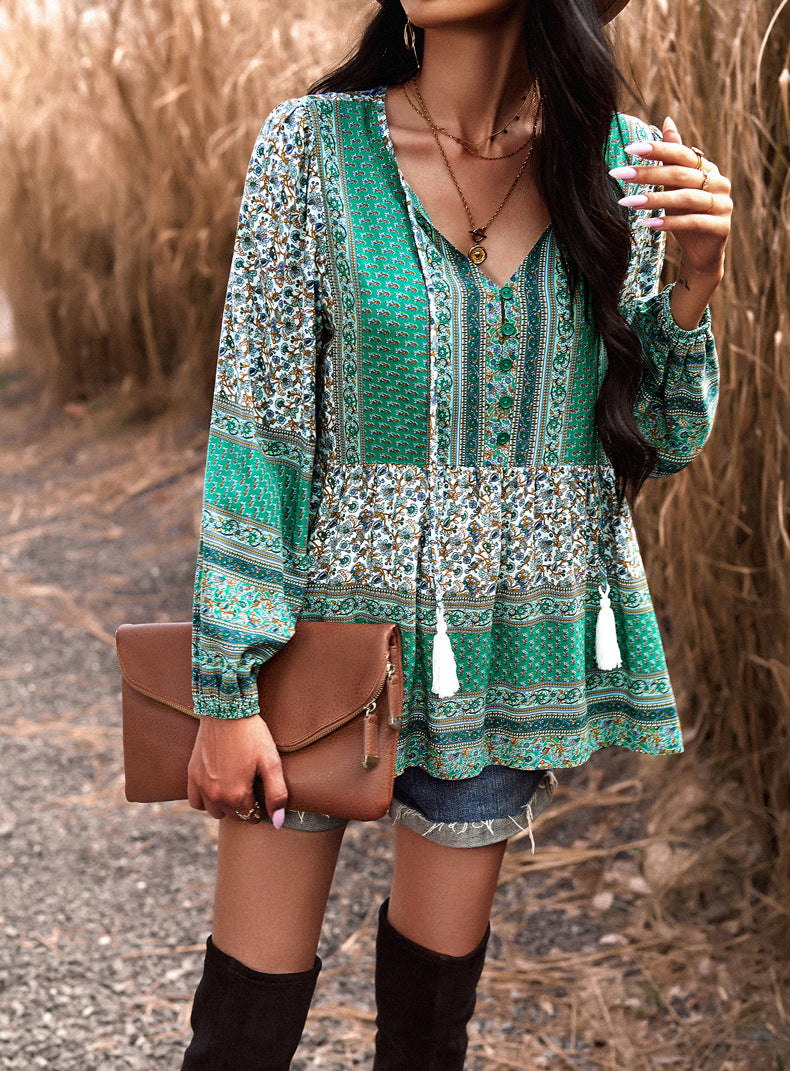 Green Casual Floral V Neck Long Sleeve Loose Blouses