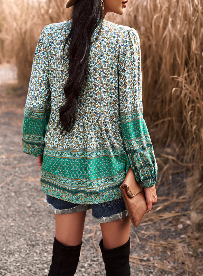 Green Casual Floral V Neck Long Sleeve Loose Blouses