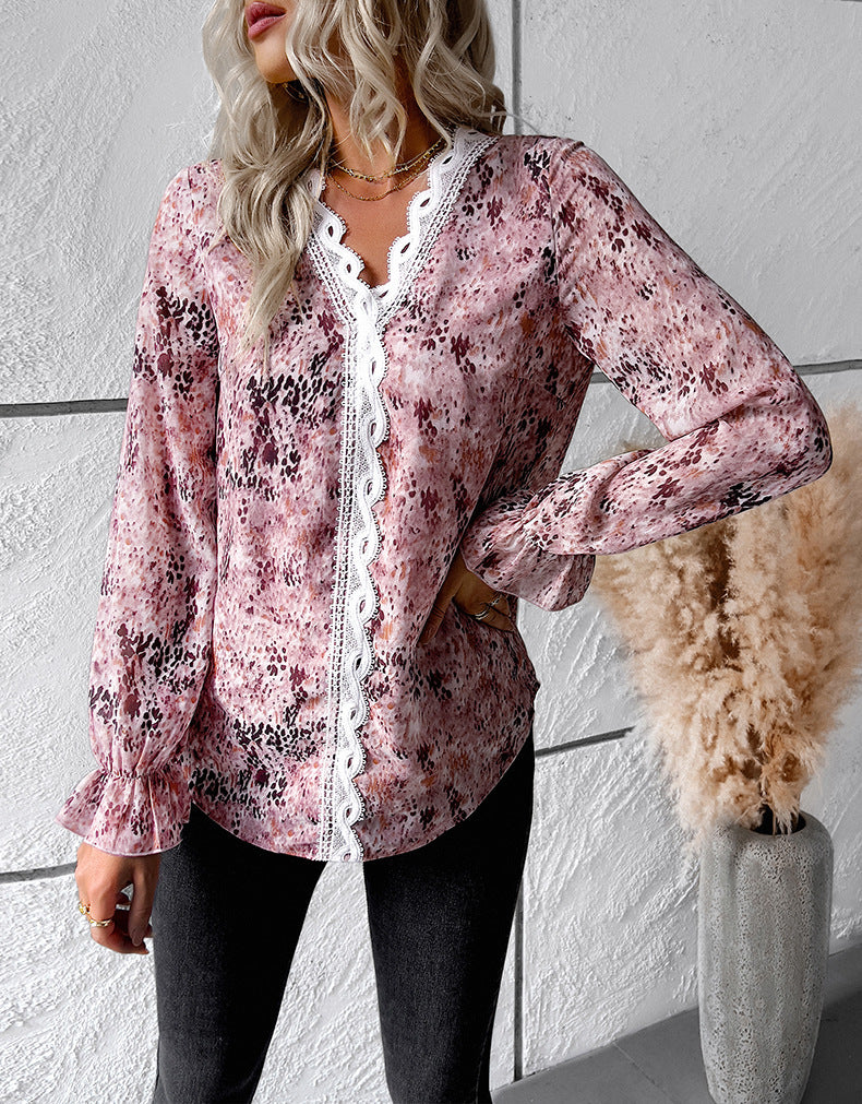 brown V Neck Casual Boho Floral Blouse Shirts