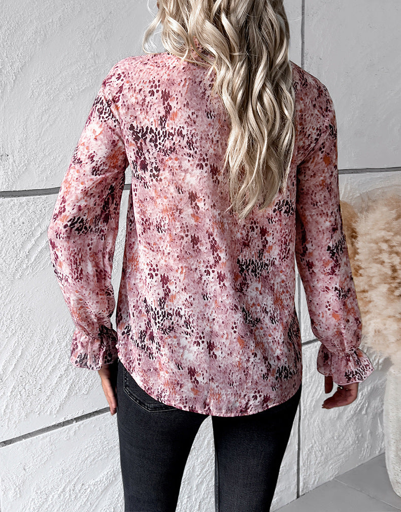 brown V Neck Casual Boho Floral Blouse Shirts