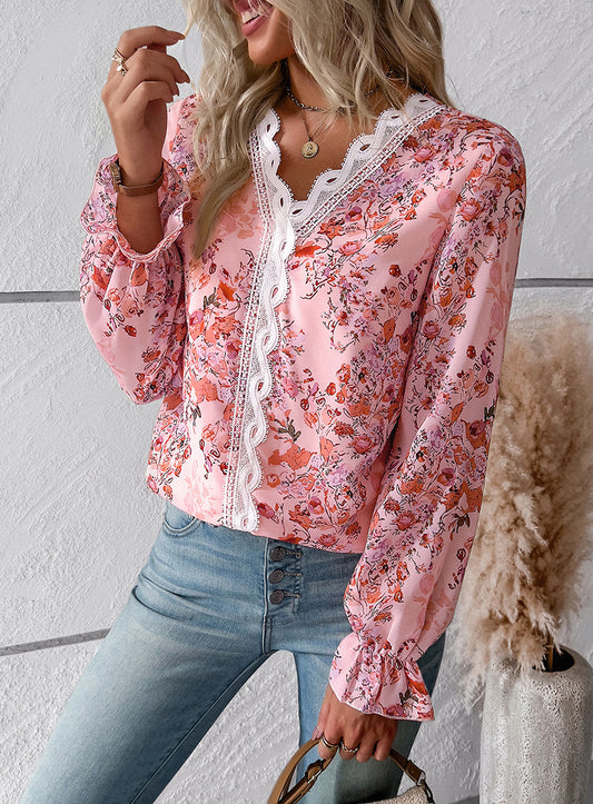 Pink V Neck Casual Boho Floral Blouse Shirts