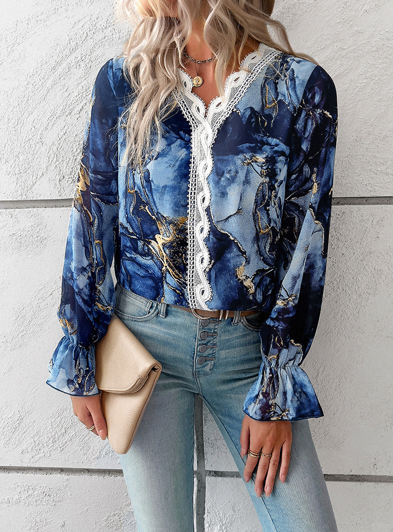 Blue V Neck Casual Boho Floral Blouse Shirts