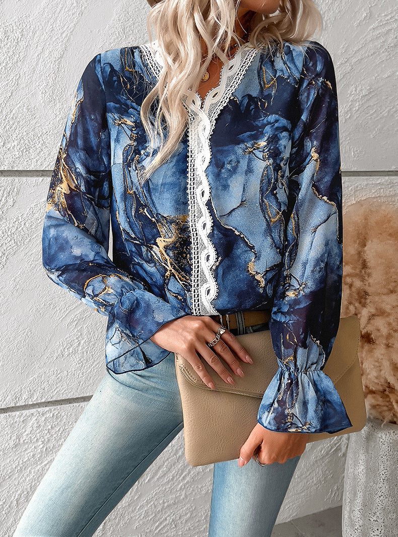 Blue V Neck Casual Boho Floral Blouse Shirts