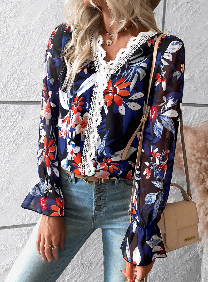 Black V Neck Casual Boho Floral Blouse Shirts