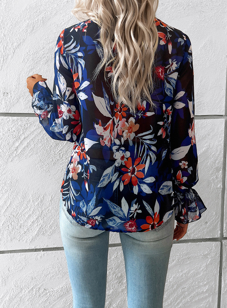 Black V Neck Casual Boho Floral Blouse Shirts