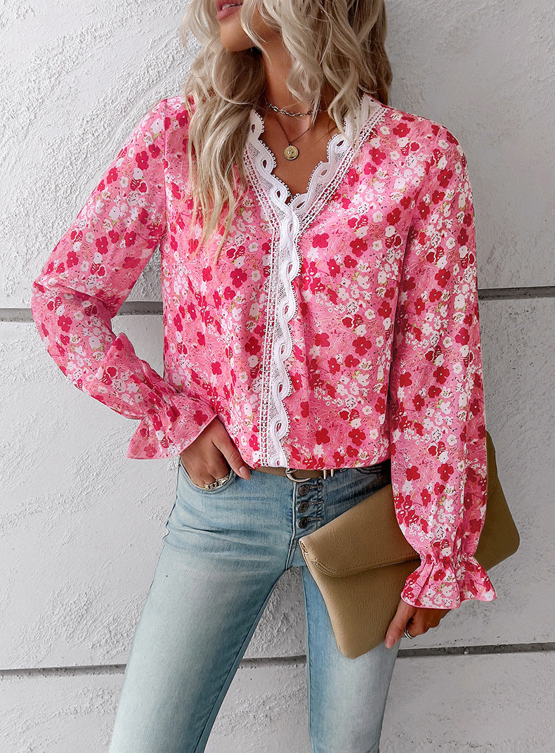 Red V Neck Casual Boho Floral Blouse Shirts