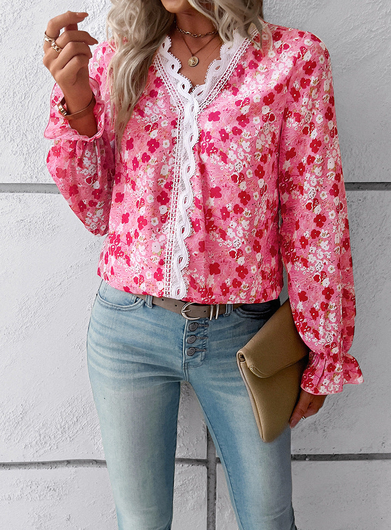 Red V Neck Casual Boho Floral Blouse Shirts