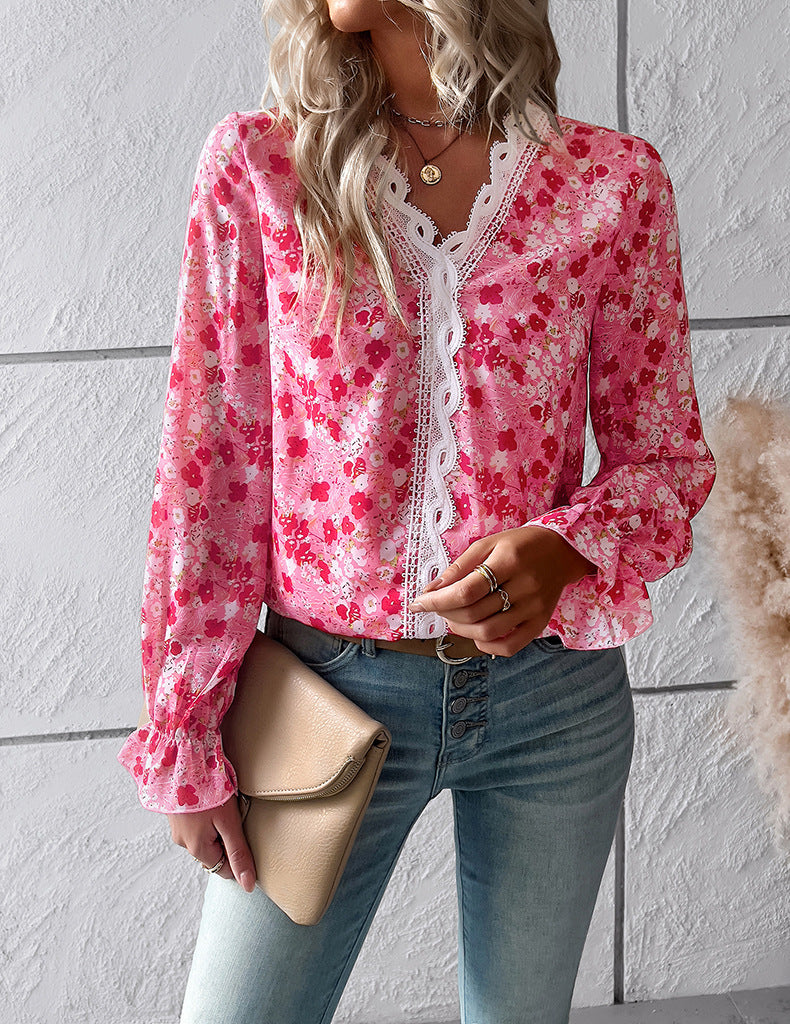 Red V Neck Casual Boho Floral Blouse Shirts