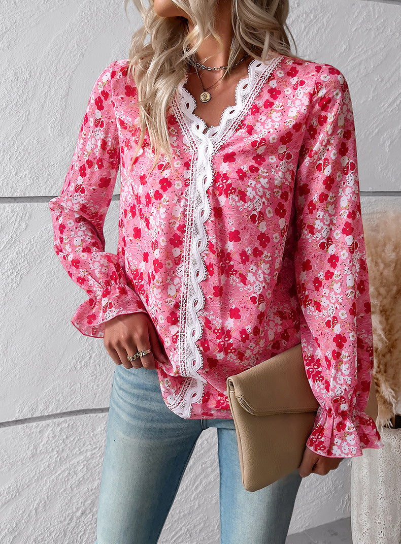 Red V Neck Casual Boho Floral Blouse Shirts