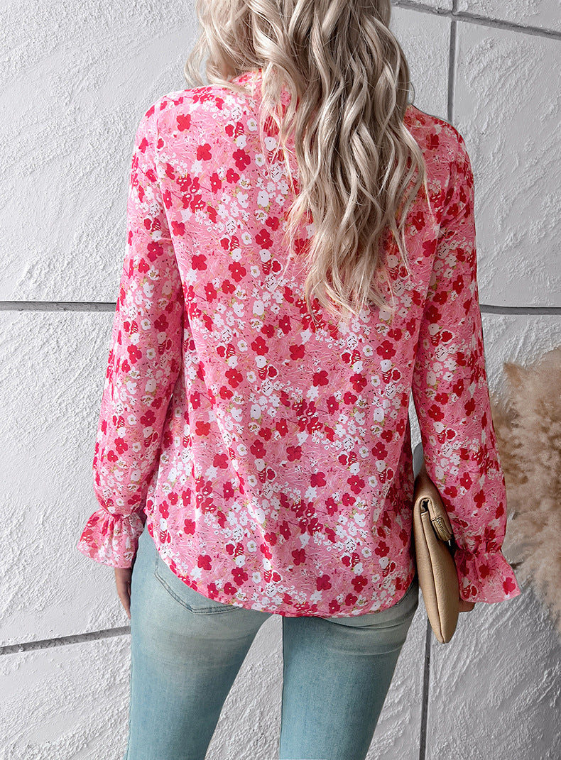 Red V Neck Casual Boho Floral Blouse Shirts