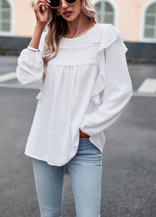 White Long Sleeve Blouses Ruffle Dot Loose Fit Casual Tops