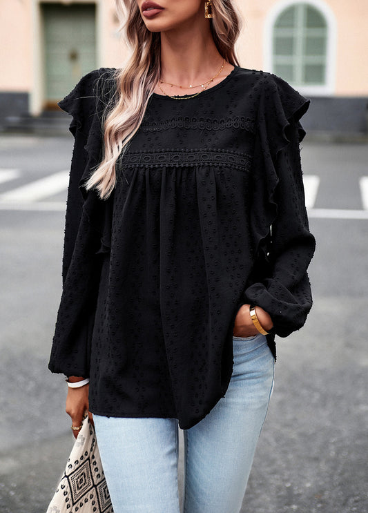 Black Long Sleeve Blouses Ruffle Dot Loose Fit Casual Tops