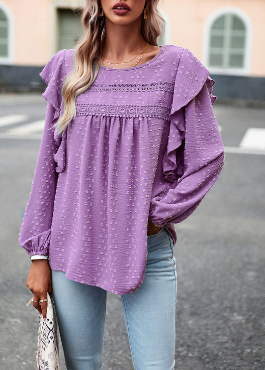 Purple Long Sleeve Blouses Ruffle Dot Loose Fit Casual Tops