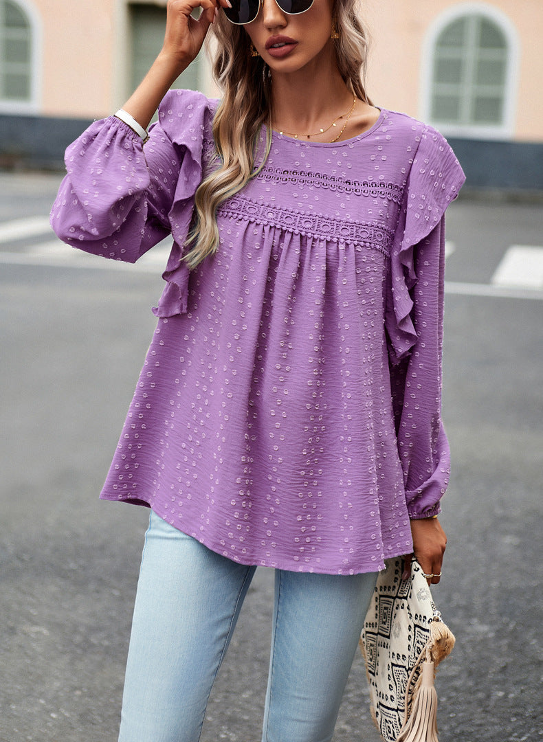 Purple Long Sleeve Blouses Ruffle Dot Loose Fit Casual Tops