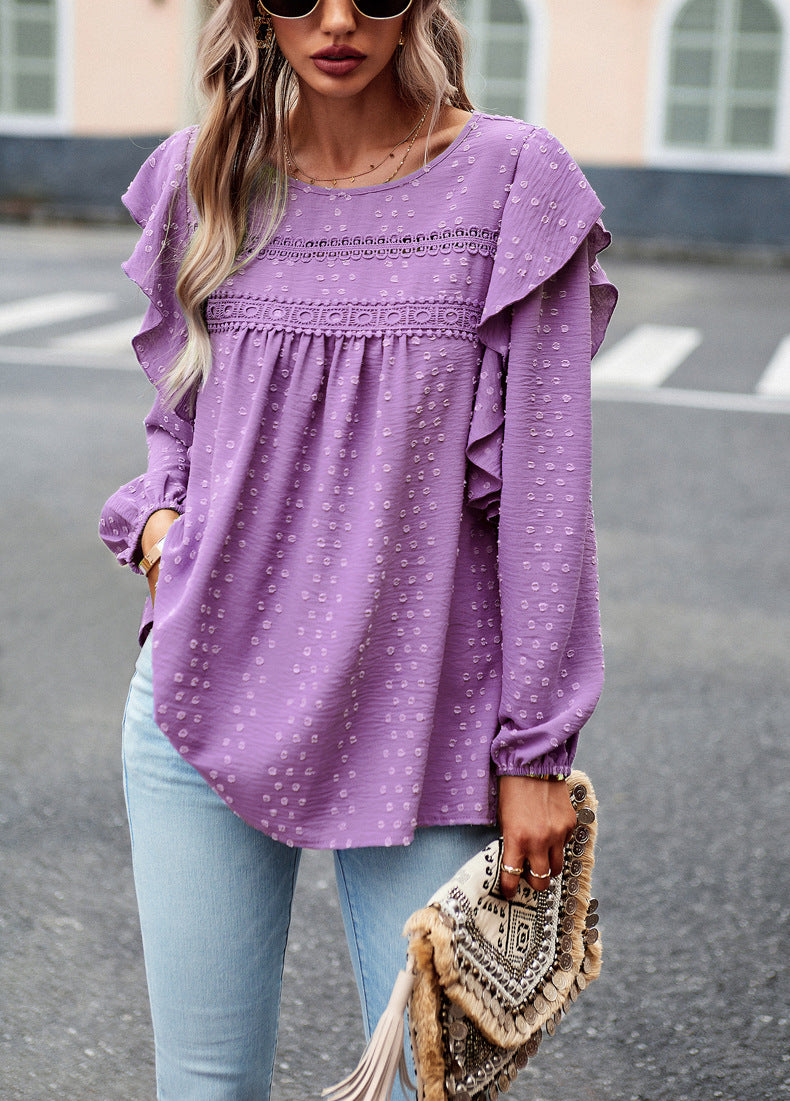 Purple Long Sleeve Blouses Ruffle Dot Loose Fit Casual Tops