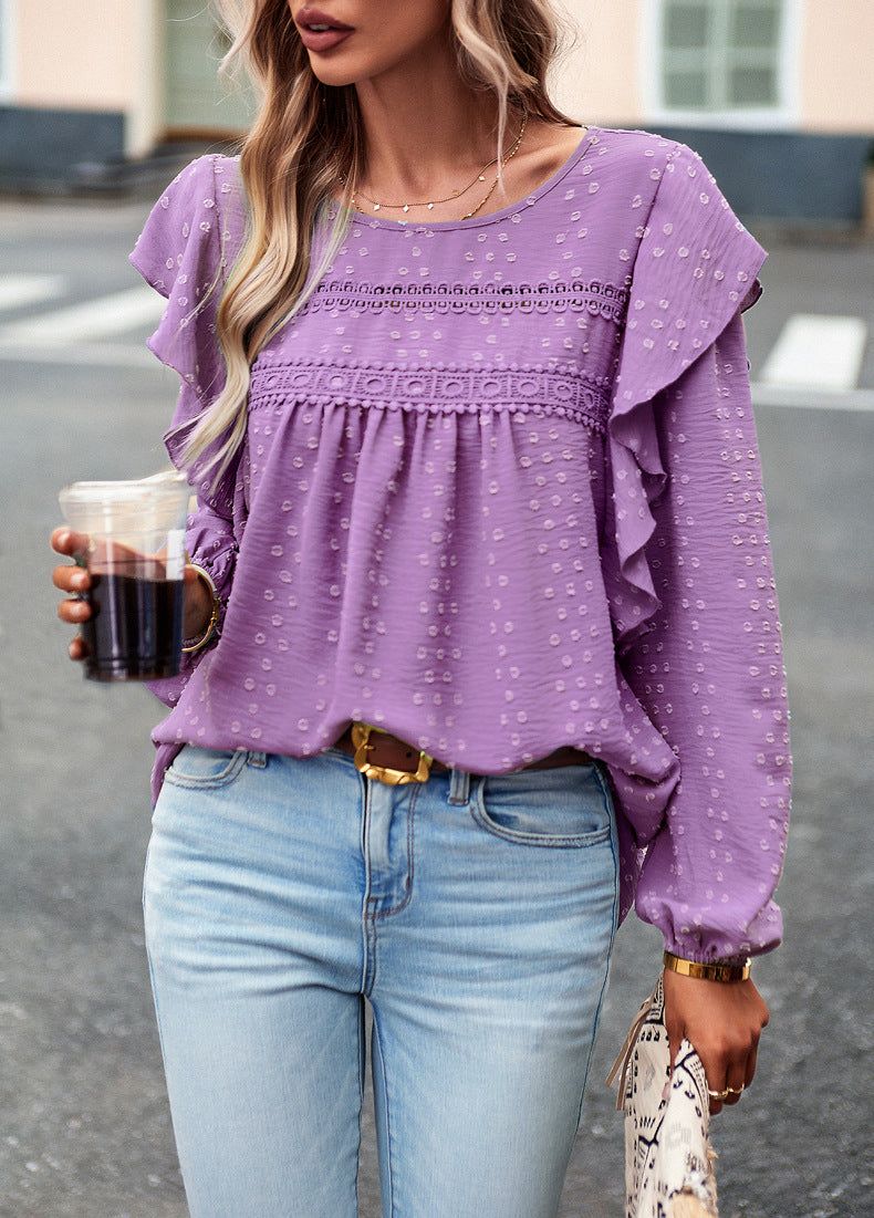 Purple Long Sleeve Blouses Ruffle Dot Loose Fit Casual Tops