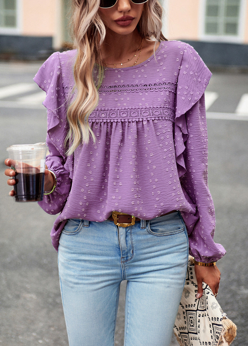 Purple Long Sleeve Blouses Ruffle Dot Loose Fit Casual Tops