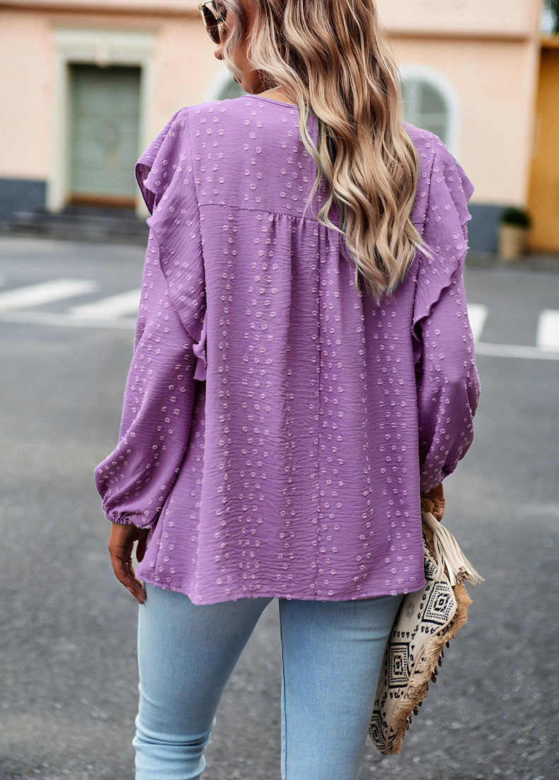 Purple Long Sleeve Blouses Ruffle Dot Loose Fit Casual Tops