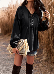 Black Blouse Lantern Long Sleeve Chiffon Shirt Drawstring