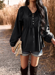 Black Blouse Lantern Long Sleeve Chiffon Shirt Drawstring