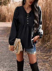 Black Blouse Lantern Long Sleeve Chiffon Shirt Drawstring