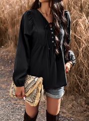 Black Blouse Lantern Long Sleeve Chiffon Shirt Drawstring