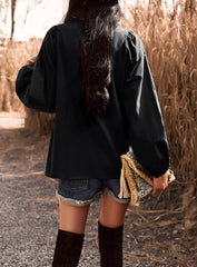 Black Blouse Lantern Long Sleeve Chiffon Shirt Drawstring