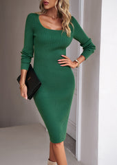 Green Square Scoop Neck Dress Side Split Tight Midi Dress