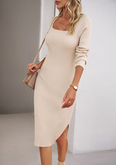 Apricot Square Scoop Neck Dress Side Split Tight Midi Dress