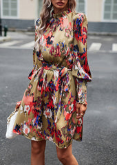 Khaki  Women's Long Sleeve Floral Print Ruffle Short Dress