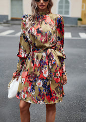 Khaki  Women's Long Sleeve Floral Print Ruffle Short Dress