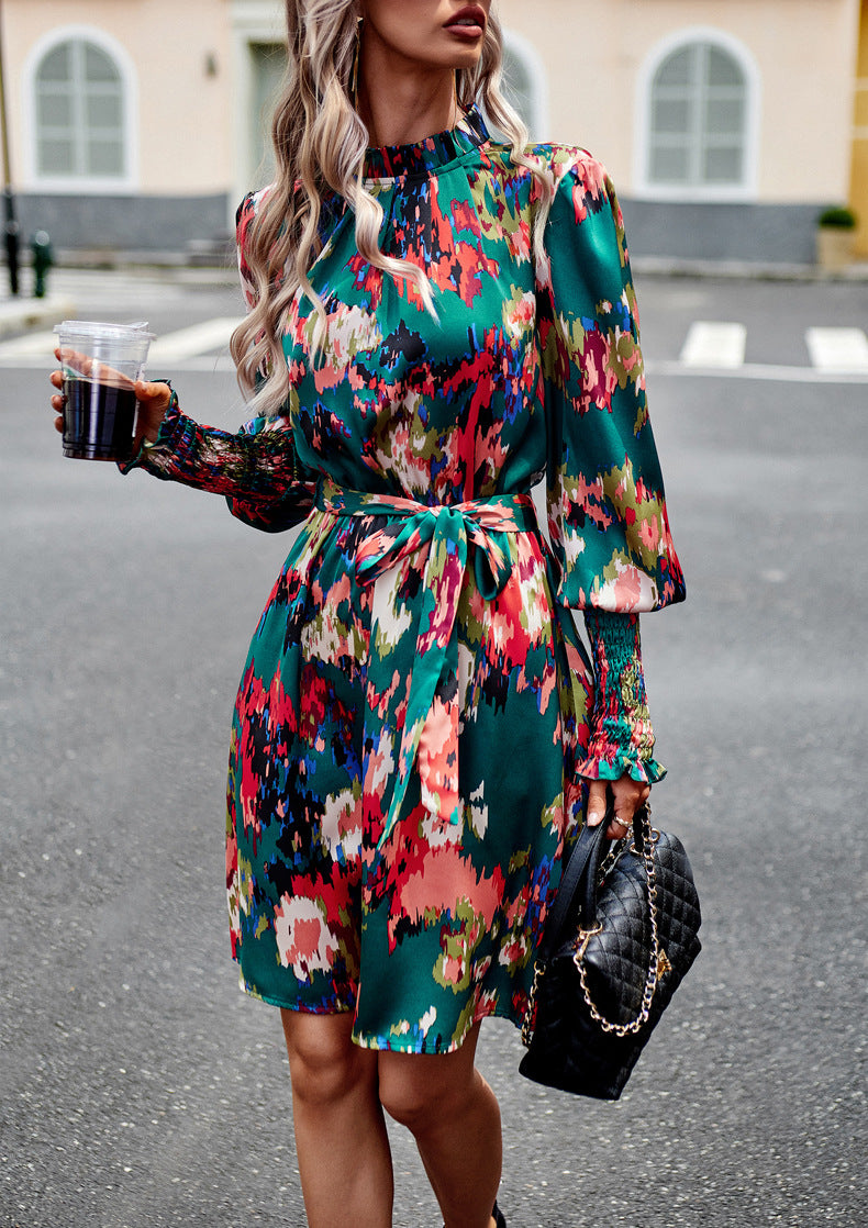 Dark Green Long Sleeve Floral Print Ruffle Short Dress