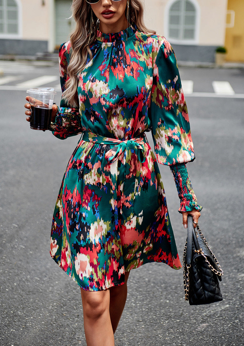 Dark Green Long Sleeve Floral Print Ruffle Short Dress