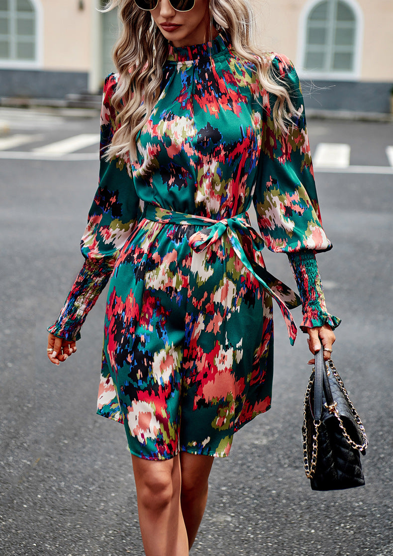 Dark Green Long Sleeve Floral Print Ruffle Short Dress