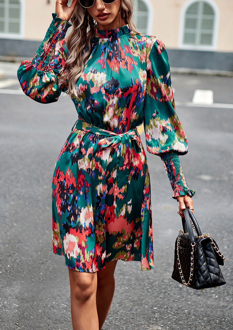 Dark Green Long Sleeve Floral Print Ruffle Short Dress