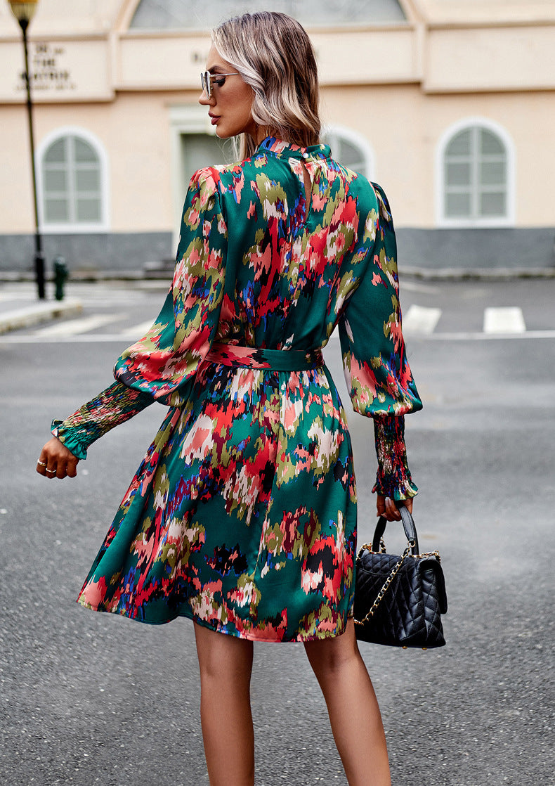 Dark Green Long Sleeve Floral Print Ruffle Short Dress