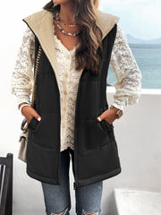 Black Women's Vest Sleeveless Fleece Jacket Zip Hoodie