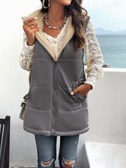 Grey Women's Vest Sleeveless Fleece Jacket Zip Hoodie