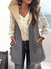 Grey Women's Vest Sleeveless Fleece Jacket Zip Hoodie