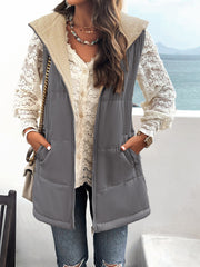 Grey Women's Vest Sleeveless Fleece Jacket Zip Hoodie