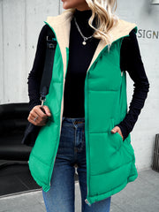 Green Women's Vest Sleeveless Fleece Jacket Zip Hoodie