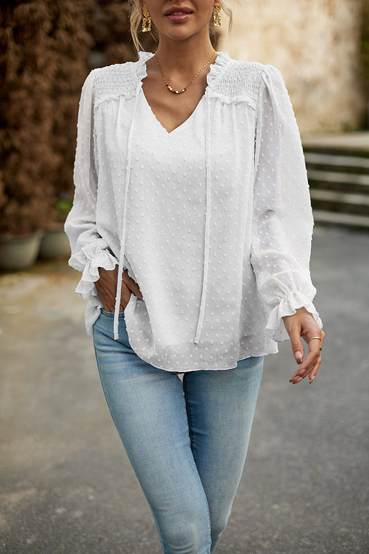 White Women's Casual Jacquard Tunic Top Shirt