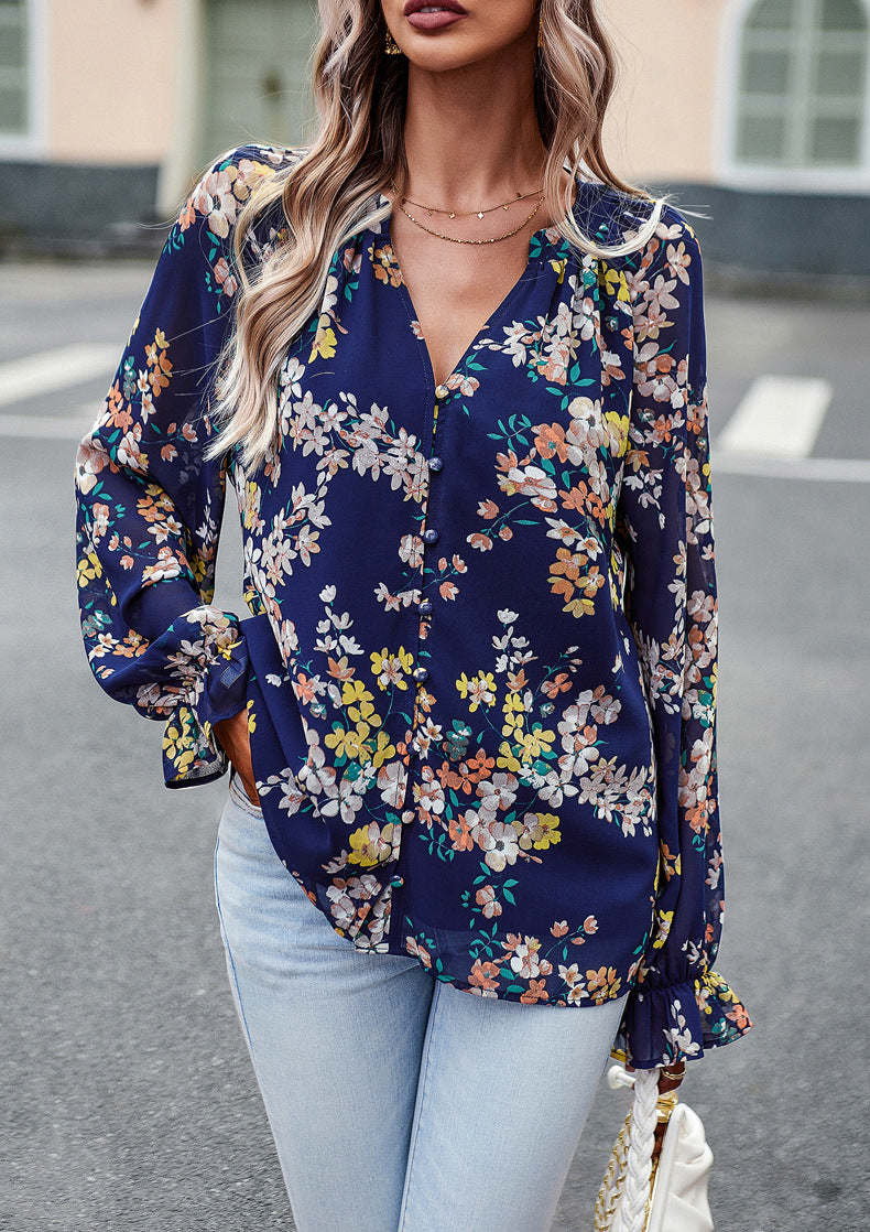 Navy Blue Floral Print V-Neck Long-Sleeved Loose Shirt Top