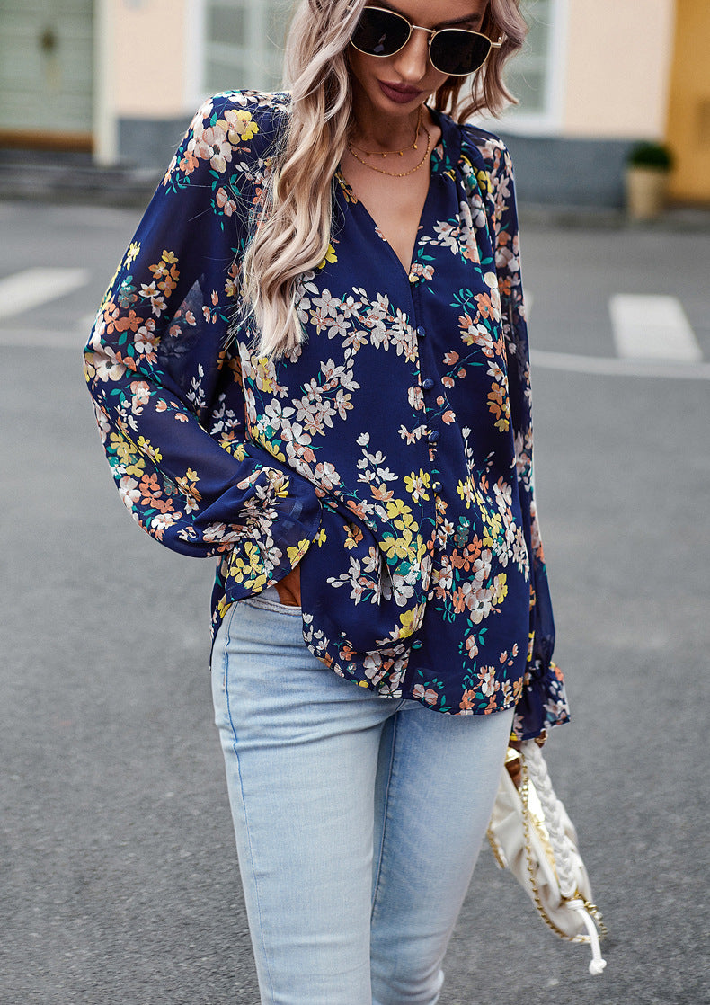 Navy Blue Floral Print V-Neck Long-Sleeved Loose Shirt Top