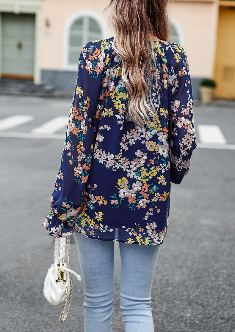 Navy Blue Floral Print V-Neck Long-Sleeved Loose Shirt Top