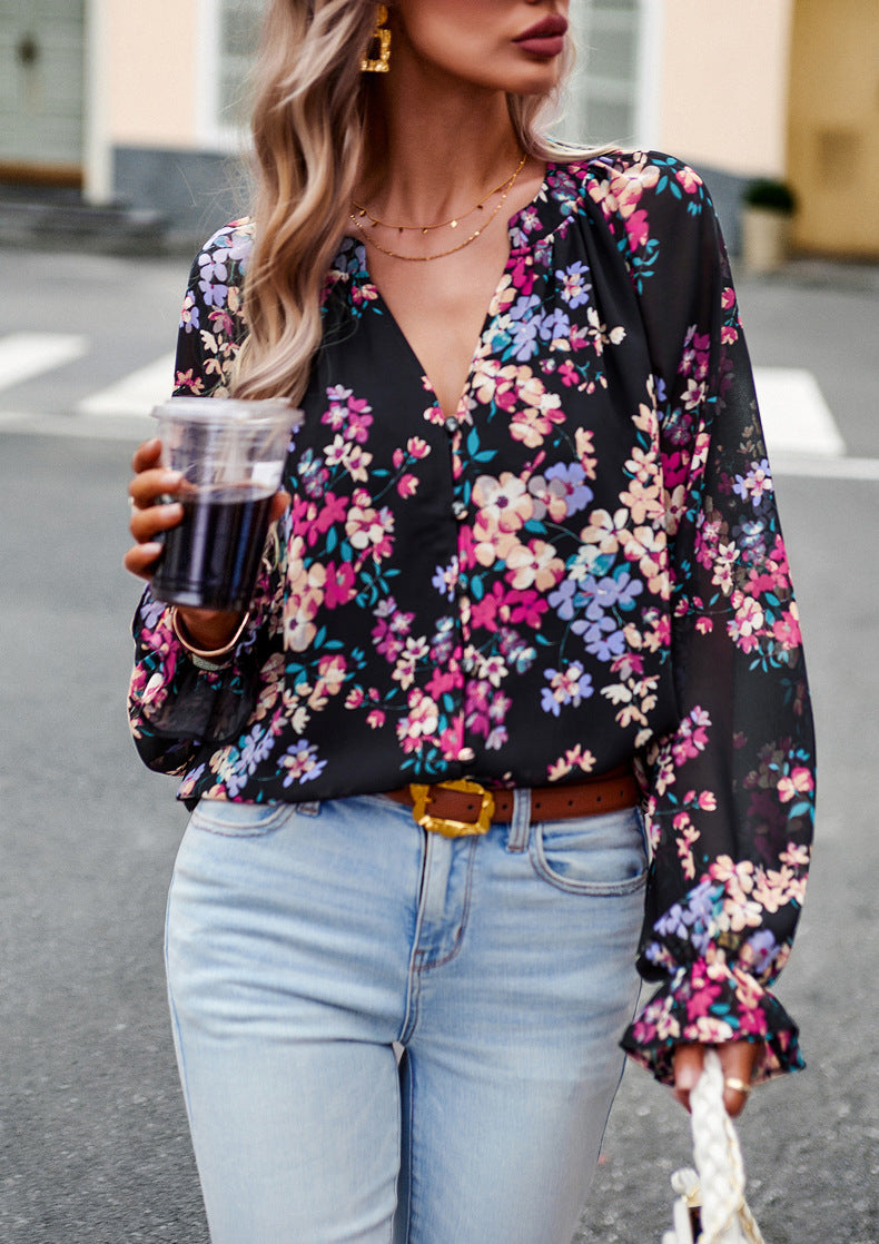 Black Floral Print V-Neck Long-Sleeved Loose Shirt Top