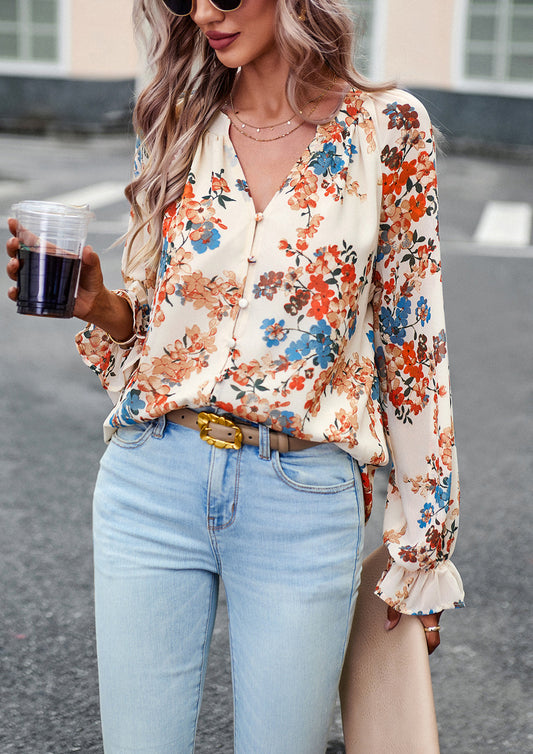 Apricot Floral Print V-Neck Long-Sleeved Loose Shirt Top