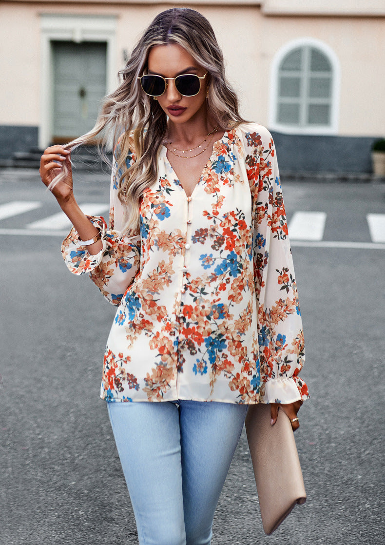 Apricot Floral Print V-Neck Long-Sleeved Loose Shirt Top