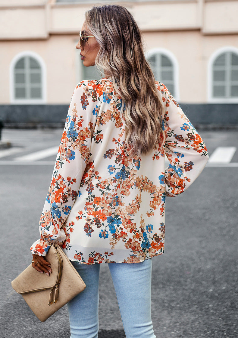 Apricot Floral Print V-Neck Long-Sleeved Loose Shirt Top